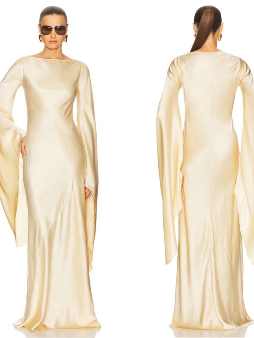 HELSA Rosalind Long Sleeve Dramatic Silk Charmeause Golden Peach Maxi Dress Sz M